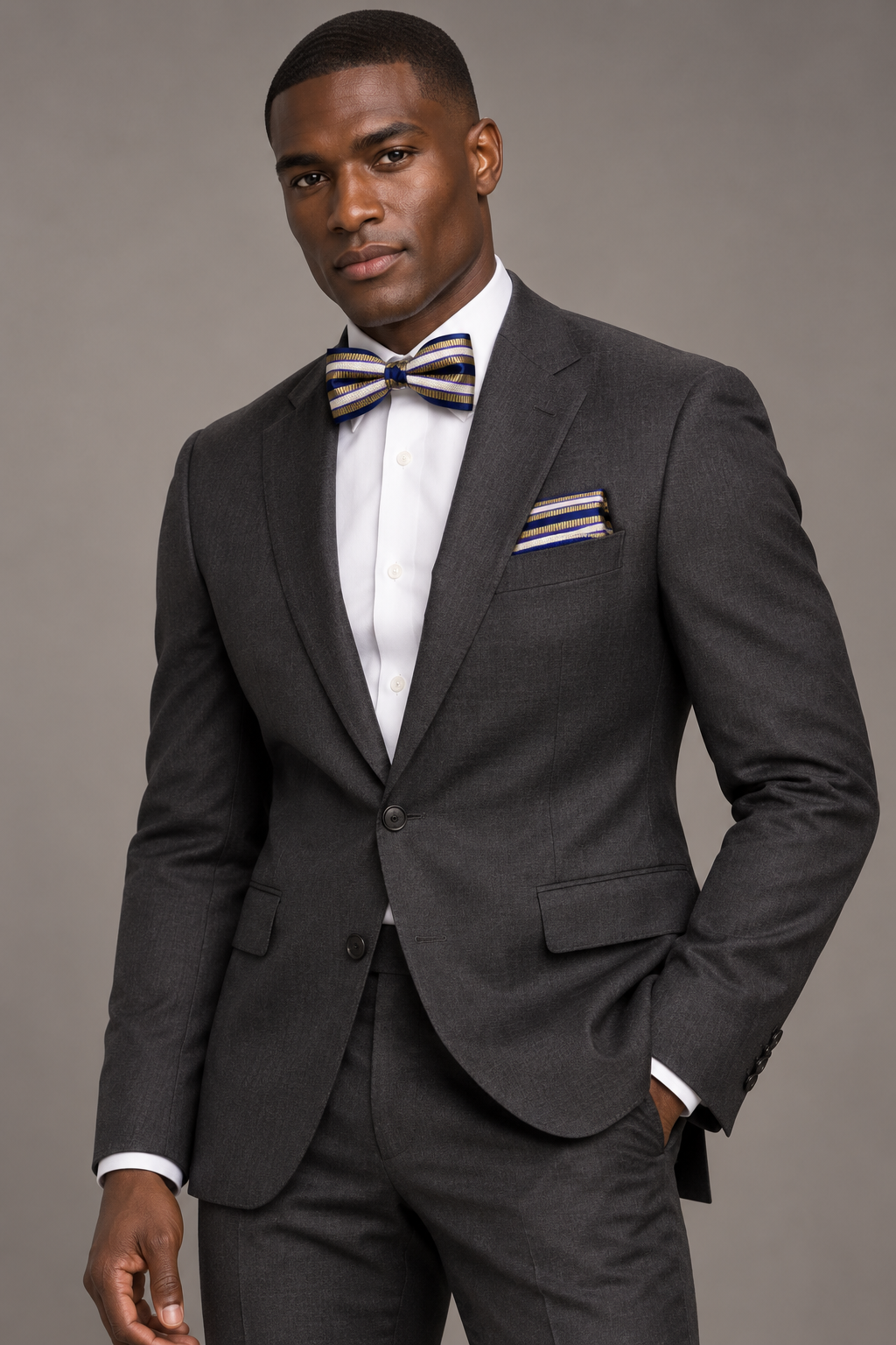 Royal Blue & Gold Striped Bow Tie and Pocket Square Set